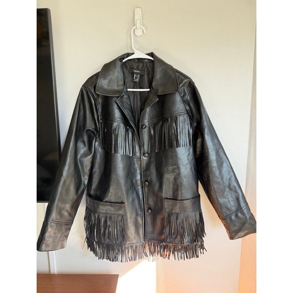 Y2K Faux Leather Fringe Western Jacket Black Button Front Womens Medium